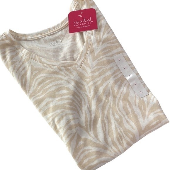 Isabel Maternity Zebra Print  Shirred V-Neck Short Sleeve Tee Top T-Shirt Beige - Picture 14 of 14